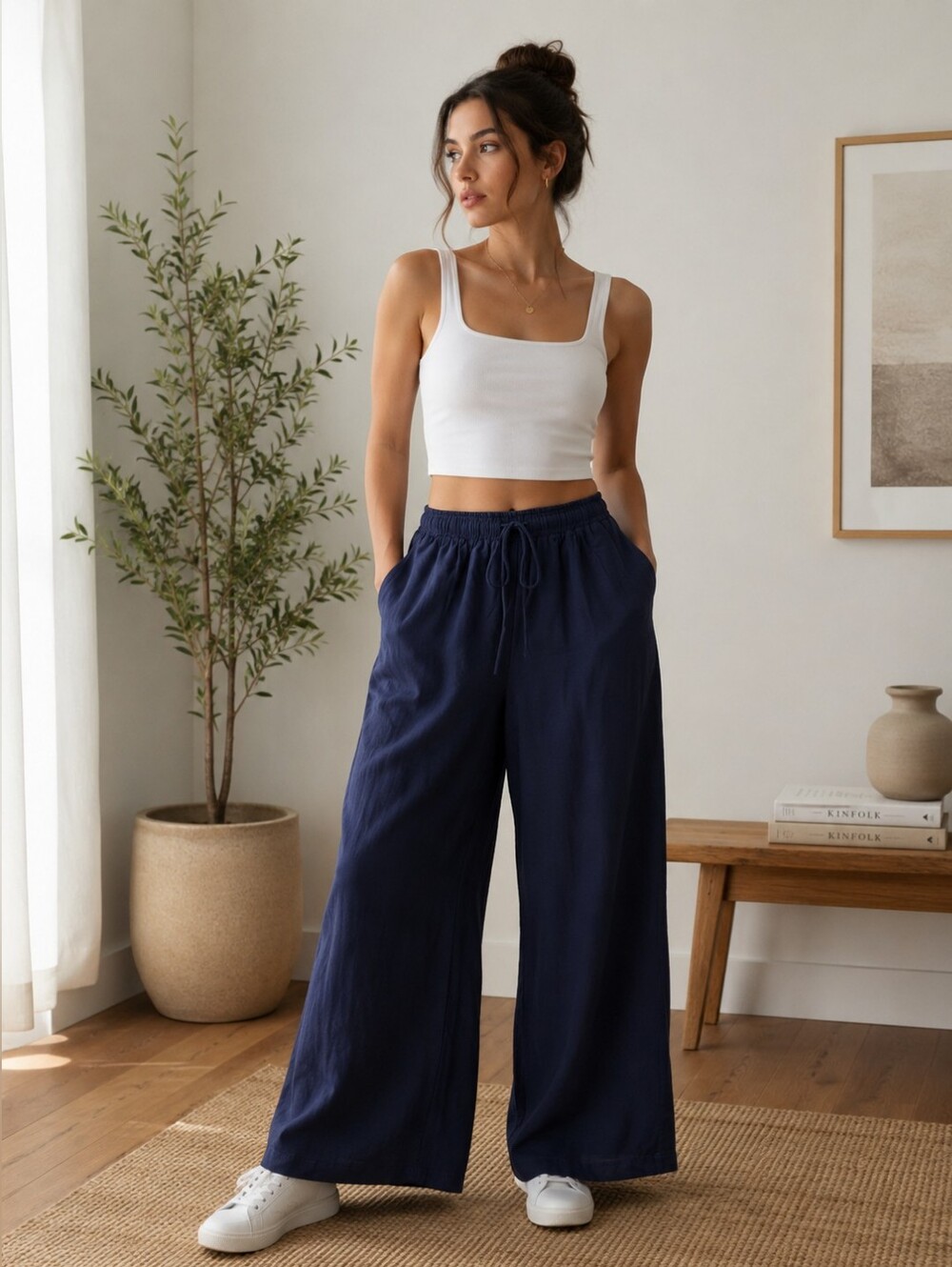 Women’s Navy Blue Wide Leg Palazzo Lounge Pants Size Large Elastic Waist